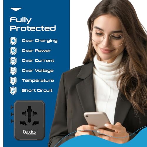 Ceptics 8 in 1 Universal Travel Adapter for EU, UK, US, AU and More, World Travel Adapter, 2X US Socket, Universal Socket, 3X USB-C and 2X USB-A, 45W Fast Charge – UP-45KU-BL - color: Black