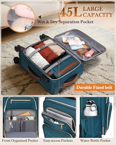 RAINSMORE Carry On Luggage with wheels, Softside Suitcases Set 3 Piece | 22x14x9 Airline Approved, Luggage Sets with Backpack & Toiletry Bag, Rolling Suitcase with TSA Lock, for Travel Weekender - color: Green-Brown