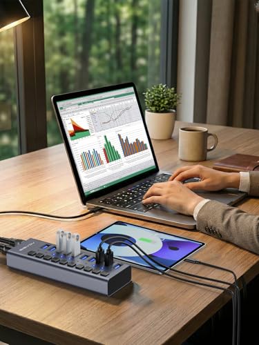 ACASIS Powered 10 Ports USB 3.2 Hub, 10Gbps Data Transfer, 48W Adapter | Individual On/Off Switch for Each Port • Aluminum Housing • Better Heat Dissipation • Plug & Play - size: 10 ports