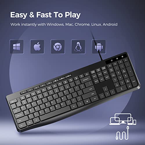 Virfour Wired USB Computer Keyboard, Quiet Keyboard with Multimedia Keys | Virfour Silent Keyboard with Low Profile Chiclet Keys,Spill-Resistant, Anti-Wear Letters,Full Size for Laptop,Desktop