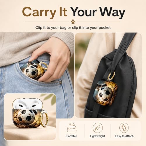 Compatible with AirPod 4 Case 2024, Cute Hard Plastic Protective Cover for Airpod 4th Generation Women, Shockproof Shell Skin with Gold Ring Keychain,Football - color: Football