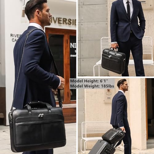 Masa Kawa Leather Briefcase for Men 15.6" 17" Laptop Business Messenger Bag | Computer Sleeve, Travel Luggage Strap, Professional Office Work Lawyer Crossbody Shoulder Attache Case - color: Black - Fits 15.6 Inch Laptop