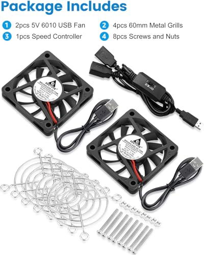 GDSTIME Dual 60mm x 10mm Slim USB Fan with 3 Speeds Control, DC 5V Powered | L/M/H Adjustable, Brushless, Ultra Thin, 60x60x10mm, for Mini PC, Rasberry Pi, Receiver, Router, Amplifier, DIY Cooling - size: 60x10mm