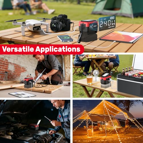 240W Power Inverter Pure Sine Wave Compatible with Craftsman 20V Battery | 7A Fast Charger, Portable Power Station with 120V AC Outlets, USB-C (140W), 2 QC USB Ports(18W), 600LM LED (No Battery) - color: Crimson