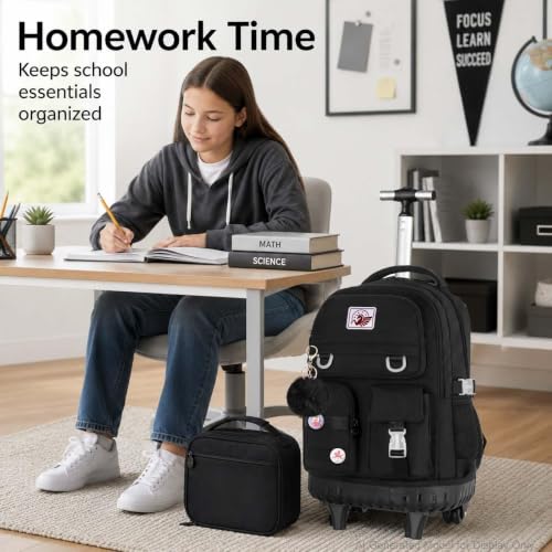 CCJPX Rolling Backpack for Girls Women, 21 inch Roller Wheels School Bookbag, Wheeled Suitcase Backpacks with Lunch Bag for Teen - Black - color: Black