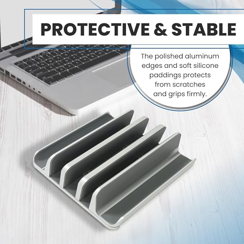 Elestoria 5- Slot Vertical Laptop Stand - Aluminum Laptop Stand Vertical for Desk - Fits MacBook Pro/Air, Surface, Mobiles & Gaming Laptops up to 17.3" - Heavy Duty Laptop Holder for Desk - (Silver) - color: Silver