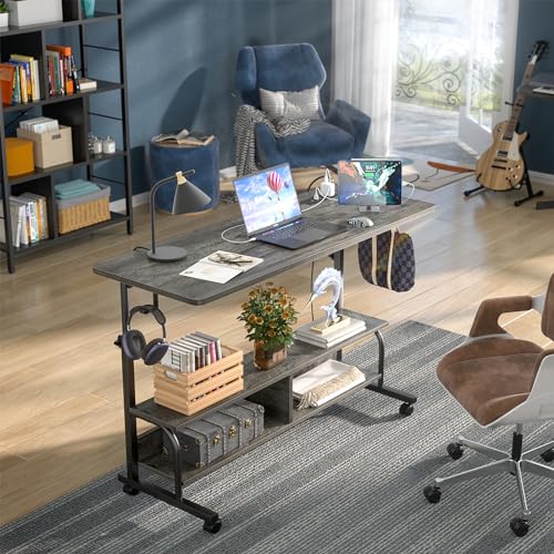 47" Rolling Standing Desk with Charging Station for Couch Bed | Height Adjust 27.5-41", 2 AC/3 USB, Mobile 4 Lockable Wheels, 2-tier Shelves Hook, Safe Corner Fast Assembly - color: Grey Oak, size: 47''