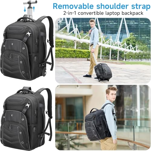 2-in-1 Large Rolling Laptop Backpack for Women Men, 50L Backpack with Wheels, USB Charging Port, Shoe Compartment Carry On Luggage for Travel, College, Sports, Gym, Weekend Trip
