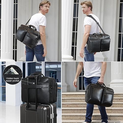 Masa Kawa Expandable Leather 17" Laptop Travel Messenger Duffel Bag Men | Large Overnight Weekend Business Trip Duffel Bags with Luggage Strap, Crossbody Shoulder Computer Briefcase - color: Black
