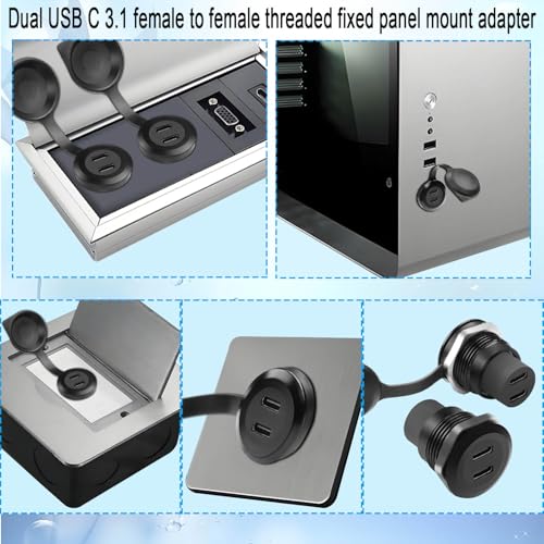 QIANRENON 10Gbps Dual USB C 3.1 Threaded Fixed Mount Adapter 2 Port USB Type C 3.1 Female to Female Embedded Panel Mount Circular Connector, Dust Cover, Installed in Dashboard Device Panel