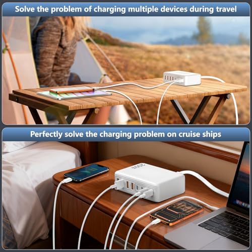 200W GaN 8-Port USB C Charging Station, PD 65W Multi-Device Charger | Fast charging for laptops, smartphones and tablets with compact design and organized desktop setup. - color: White