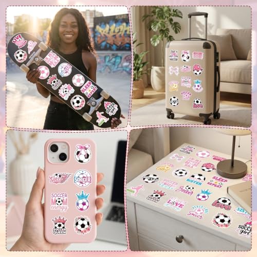Pink Soccer Stickers for Women - 100 Pcs Cute Soccer Vinyl Sticker Decals, Sports Decals for Laptop Water Bottle Phone Case Notebook Skateboard Helmet Luggage Gift - style: Soccer