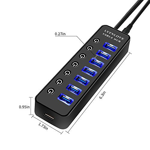 Powered USB Hub 3.0 Extender, Multiple Port Hub Splitter for Laptop PC with Power Adapter and Charging Port, USB Expander with On/Off Switches for MacBook, iMac, Surface Pro