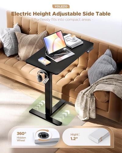 24"x 16" Electric Overbed Table, Rolling Laptop Desk for Bed, Black | Height Adjustable Bedside Desk with Hidden Wheels, Mobile Standing Desk for Sofa, Home Office & Hospital Use - color: Black, size: 24x16 Inch