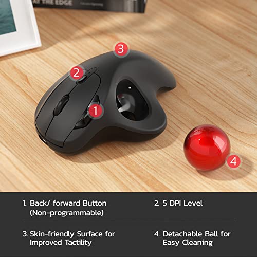 Nulea M501 Wireless Trackball Mouse, Rechargeable Ergonomic, Easy Thumb Control, Precise & Smooth Tracking, 3 Device Connection (Bluetooth or USB Receiver), Compatible for PC, Laptop, Mac, Windows. | Rechargeable mouse with 4 DPI levels,Bluetooth USB rece