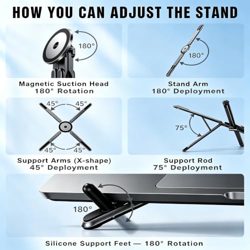 4-in-1 Foldable Laptop Stand with N52 Magnetic Phone Holder, Portable Aluminum Computer Stand for MacBook/ iPad/ Tablet, Adjustable Ergonomic Desk Stand for Home Office College Dorm & Travel Giftable