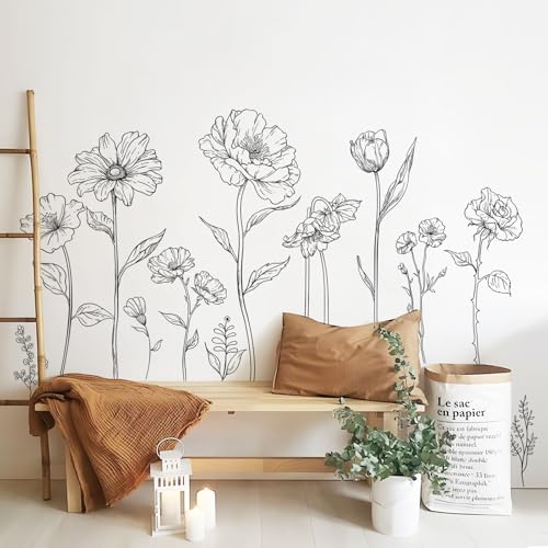 Large Black Boho Flower Wall Decals, 3 Sheets Simple Sketch Floral Wall Stickers Peony Wildflower Peel Stick Wall Art Decor Bedroom Home Room Office Garden Hall Adult Gifts for Mom(11.8x35.4 in/Sheet) - style: Large Peony Flower Set