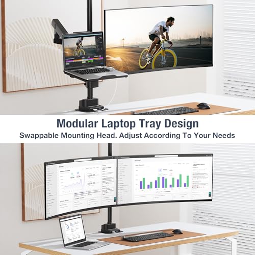 AVLT Laptop & Monitor Arm Pole Top Mount for 17-40" Screens - Black | Supports flat/curved/ultrawide screens up to 26.4 lbs each. Includes 12-17" laptop tray, 38.9" lift and USB-C/A ports. - color: Black-Monitor & Laptop Arm