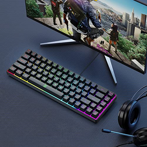 Snpurdiri 60% Gaming Keyboard, Rainbow Backlit Mini Membrane Keyboard for Windows PC Gamers(68 Keys, Black Rainbow) - color: Black(Rainbow)