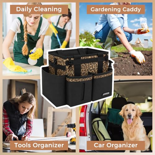 SCAVATA Compact Wearable Cleaning Caddy with Handle & Shoulder Straps | Small Cleaning Supplies Organizer, Under Sink & Car Cleaning Tools Storage Bag for Housekeepers Cleaners, Leopard - color: Leopard