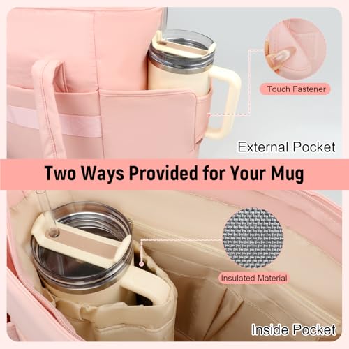 Puffer Tote Bag with Large Cup Holder& 15.6 Inch Laptop Compartment, Lightweight Puffy Work Bag with Water Bottle Pocket, Large Laptop Tote with Clutch Purse for Women Teacher Nurse (Pink) - color: Pink