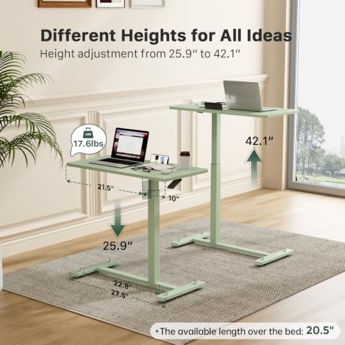 Gibbon Mounts 32” Rolling Mobile Standing Desk, Bedside Table with Wheels | Portable Laptop Desk with Slot, Hidden Wheels, Small Overbed Pneumatic Height Adjustable Cart for Bed, Couch, Hospital, Green - color: Green, size: 32"