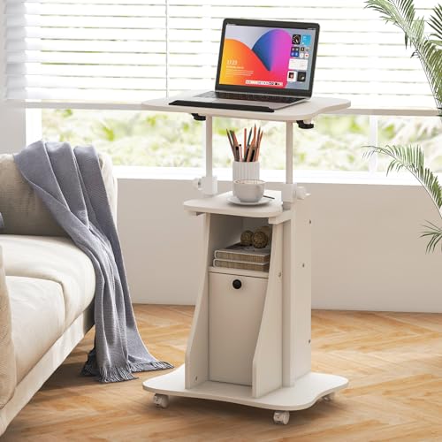 Tangkula Mobile Laptop Podium, Height Adjustable Sit to Stand Desk with Tilting Desktop & Storage Cabinet, Ergonomic Rolling Lectern Cart Laptop Desk, Office Podium Stand on Wheels - color: White, size: 21.5" x 15.5" x 45"