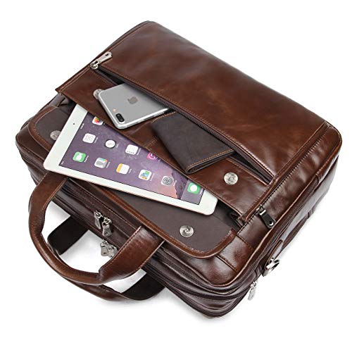 Leather Briefcase for Men, 15.6 Inch Laptop Business Travel Bag | 100% Full Grain Leather | YKK Zipper | Fits 15.6" Laptop | 8 Card Slots + 3 Pen Sleeves | Detachable Strap & Trolley Sleeve - color: Coffee-1