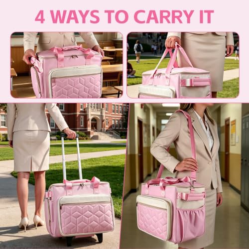 Rolling Teacher Bag, Fits 15.6" Laptop, With Cart,off-white pink | 4 Ways To Carry, 40L Large Cap, 1680 Oxford Puncture Resistant, Reinforced Design, Not Easy Collapse
