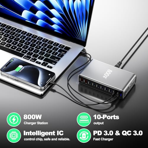 800W USB C Charger,GaN 10 Ports USB Charger,Multiple Plug Fast Charger Laptop Charger,PD Power Adapter Compatible with MacBook Pro/Air/Dell/iPhone/Galaxy/Laptop/Tablet/Mobile