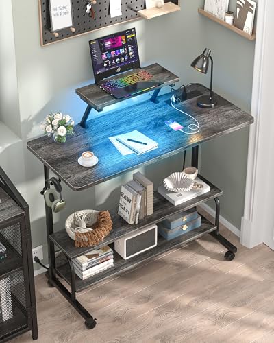 Height Adjustable Standing Desk with Power Outlets and LED Lights - 39" Manual Stand Up Desk with Monitor Stand and Storage Shelves Small Mobile Rolling Computer Desk Portable Laptop Table, Grey Oak - color: Grey Oak, size: 39''