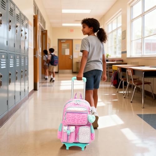 Meetbelify Backpack with Wheels for Girls Rolling Backpack Cute Carry on Backpack for Elementary Student - color: Love Pink