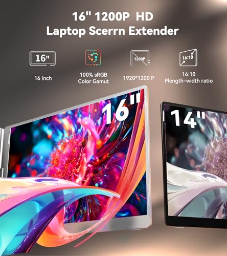 16" Laptop Screen Extender Monitor Portable, Quad Monitor, Just 1 Cable for 3 Screens, FHD 1080P IPS Laptop Extender Compatible with Wins/Mac for 13.6" - 18.5" Laptops | For 13.3-18.5" laptops; supports Wins and macOS M1/M2/M3. Driver required; connects t
