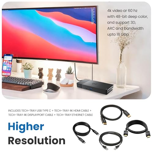Dell WD22TB4 Thunderbolt 4 Dock 180W - 40Gbps, 3-Year Warranty, USB-C/USB-A Dell Docking Station with 180W Adapter + Techtray Cables & Cloth - Supports Dual/Triple Monitor & 4K Displays (New)
