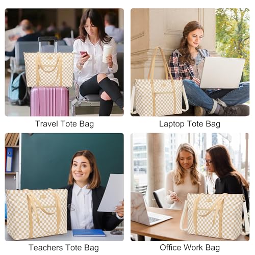 Laptop Tote Bag for Women 17 Inch, Teacher Bag with Compartments Canvas Computer Bag with 15 Pockets Work Tote Bag Travel Business Briefcase Office Handbag Bag with Shoulder Straps - color: A2-brown/Beige Canvas