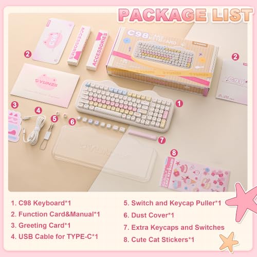 YUNZII C98 Wireless Mechanical Keyboard with Number Pad,99 Key BT5.0/2.4G/USB-C Hot Swap Gasket Mount with PBT MOA Keycaps,Custom RGB,Cute Cake Keyboard for Win/Mac (Beige, Candy Linear Switch) - color: Beige, size: Candy Linear Switch