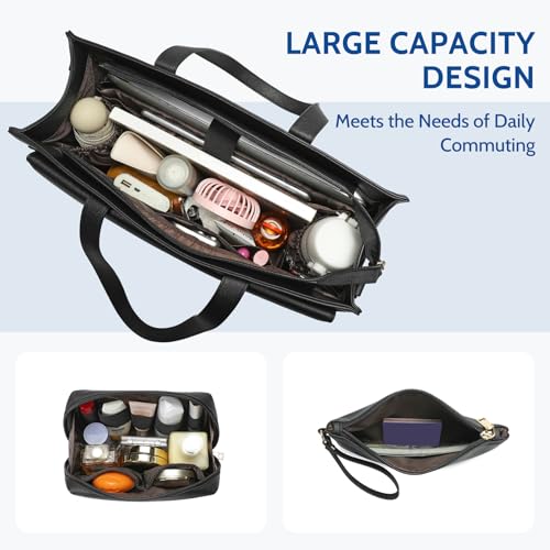 Keyli 3pcs Laptop Bag for Women 15.6 Inch Leather Work Tote Bags Professional Business Office Computer Shoulder Briefcase - color: Sets-black