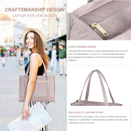 EMPSIGN Laptop Tote Bag for Women 16 Inch, Stylish Computer Shoulder Tote Bag for Work, Large Capacity Quilted Laptop Briefcase, Waterproof Women Business Office Bag, Quilted Grey Pink - color: Quilted Grey Pink