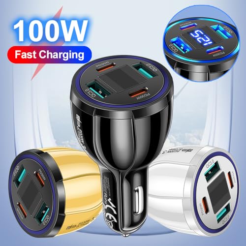 USB C Car Phone Charger Adapter with Voltmeter Compatible with iPhone 16 15 14 13 12 11, Android, Samsung, 100W 4 in 1 Multi-Port Fast Charging Cigarette Lighter USB Charger (Black) - color: Black
