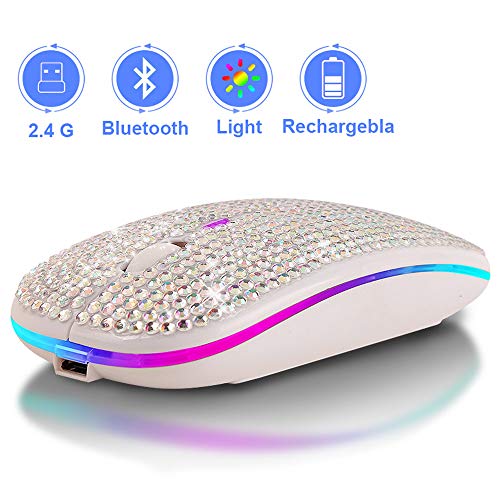 Bluetooth Mouse,Bling Dazzling 2.4GHz Rechargeable Wireless Mouse Slim Mouse with USB Receiver, Compatible with Notebook, PC, Laptop, Computer, MacBook,Great Present idea for Her (White) - color: White