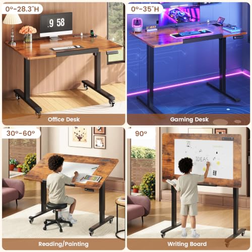 SEDETA 31.5 Inches Electric Standing Desk, 180° Tiltable Mobile Rising | Computer Desk Height Adjustable with Wheels for Drawing/Writing/Gaming/Study/Home Office/Small Space, Rustic Brown - color: Rustic Brown, size: 31.5 x 19.7 Inches