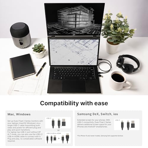 New Mobile Pixels Duex Float 2 Pro 2.5 K Portable Monitor, 16" Laptop Screen Extender (Built-in Kickstand), USB C/HDMI Stacked Monitor Extender with Dual Speakers, Windows, MacOS, Switch, Android