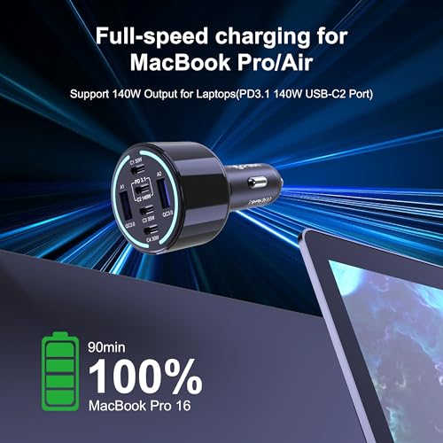 CHIPOFY 300W USB C Car Charger, 6 Ports (4 USB C + 2 USB A) | PD3.1 140W PPS 45W QC 60W Super Fast Charging for MacBook Laptop, iPhone 16 15 Pro Max, iPad, Galaxy S24/S23