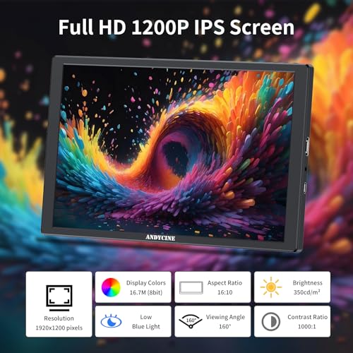 ANDYCINE N10 Portable Monitor, 10.1 Inch Mini Touch 1920x1200 IPS Screen, HDMI USB C in, 350nits 60Hz 1000:1 Contrast Display with Bracket & Speakers for Laptop,PC,PS4/5,Switch,Mac,Xbox