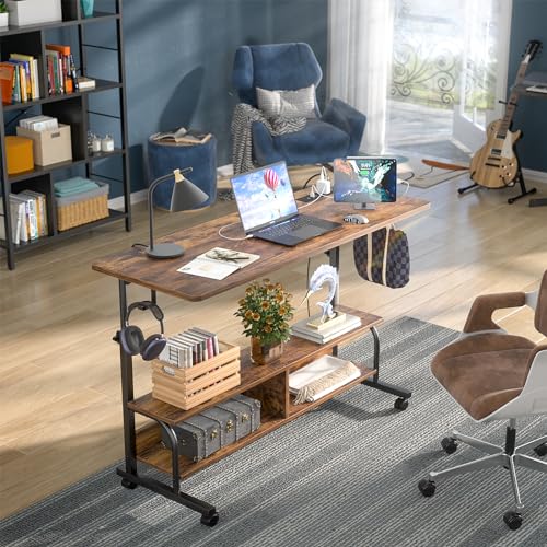 47" Rolling Standing Desk with Charging Station for Couch Bed | Height Adjust 27.5-41", 2 AC/3 USB, Mobile 4 Lockable Wheels, 2-tier Shelves Hook, Safe Corner Fast Assembly - color: Rustic Brown, size: 47''