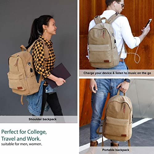 Canvas Laptop Backpack, Waterproof School Backpack With USB Charging College - color: Brown
