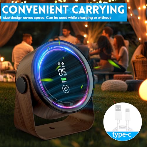 Small Desk Fan 5000mAh Rechargeable Battery – Retro Low Noise Portable Table Fan with 5 Speeds, 360° Rotation, LED Night Light – Perfect for Office Bedroom Kitchen Dorm Camping Wall Mountable-Walnut - color: Walnut