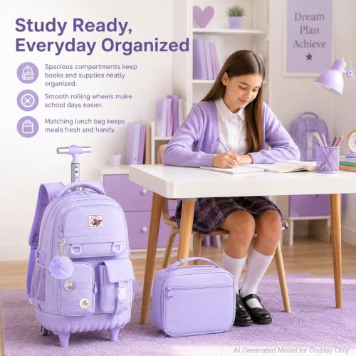 WZLVO Rolling Backpack for Girls, 21 inch Water Resistant Roller School Bag with Wheels, Wheeled Backpacks Set for Teen Women Elementary Travel - Purple - color: Purple