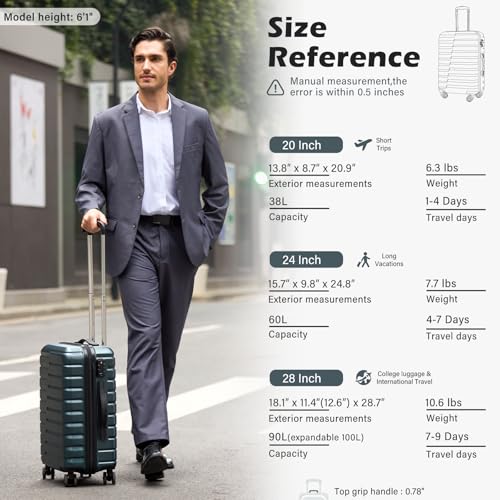 Coolife Medium Checked Luggage with Spinner Wheels, Hardside Suitcase TSA Lock Lightweight Travel Luggage 24-inch,Teal Blue - color: Teal blue, size: Medium(24in)