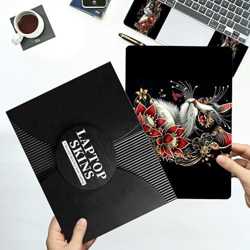 Universal Laptop Skin Sticker with 2 Wrist Pad Decals, 3-Piece Removable Vinyl Laptop Cover, Red Flower Cat Waterproof Anti-Scratch, Easy-Trim Fit for 13.3" 14" 15.6" Laptops - color: Red Flower Cat